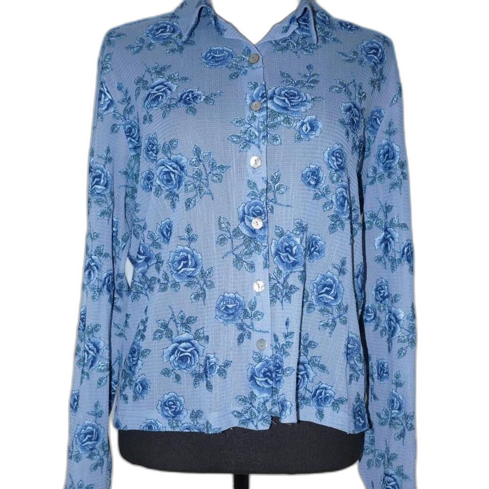 Vintage Blue Floral Mesh Button Down Blouse
